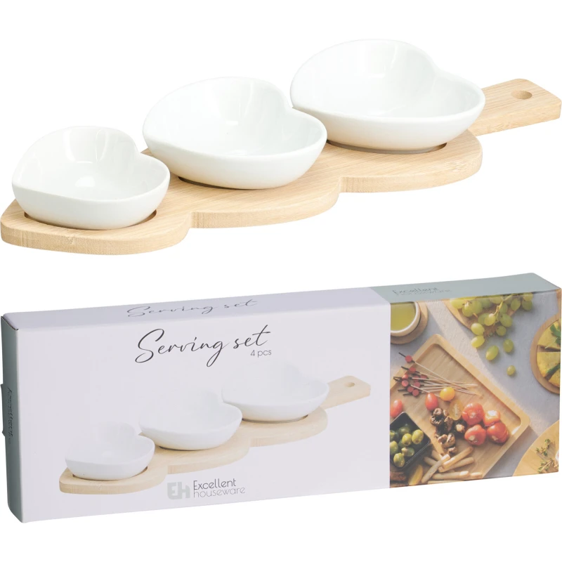 Servírovací set 4D srdce, porcelán/drevo 33x11x1cm