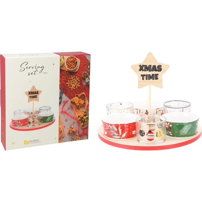 Servírovací set 7D Vianoce porcelán/sklo/bamboo